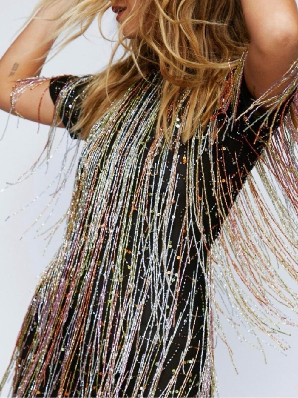 Nasty Gal Black Tassel Beaded Mini Shift Dress with Multicolor Beads